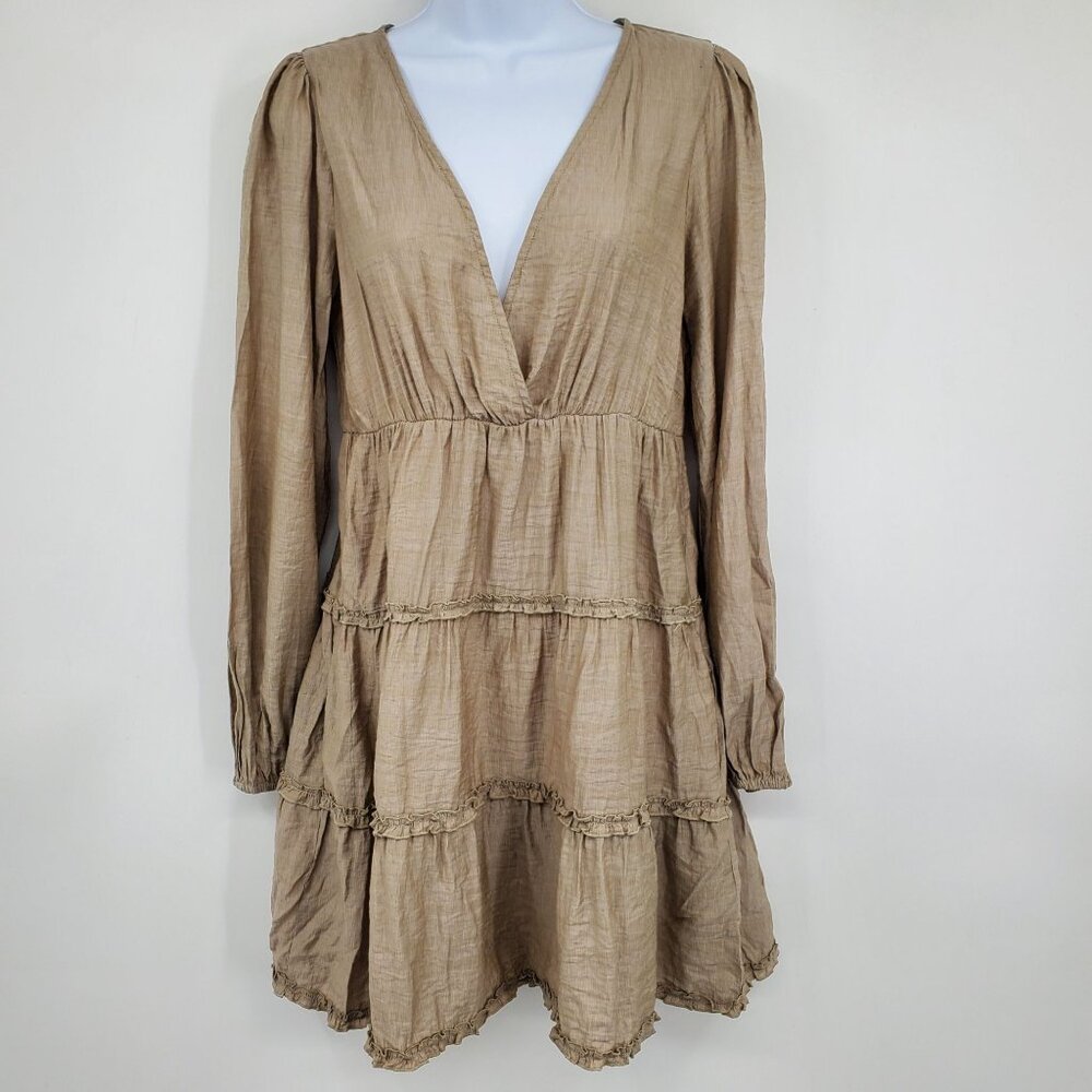 Tiered V-Neck Long Sleeve Dress in Taupe